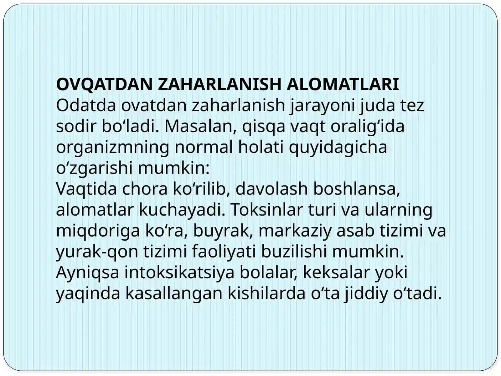 OVQATDAN ZAHARLANISH VA UNI OLDINI OLISH CHORALARI. 4