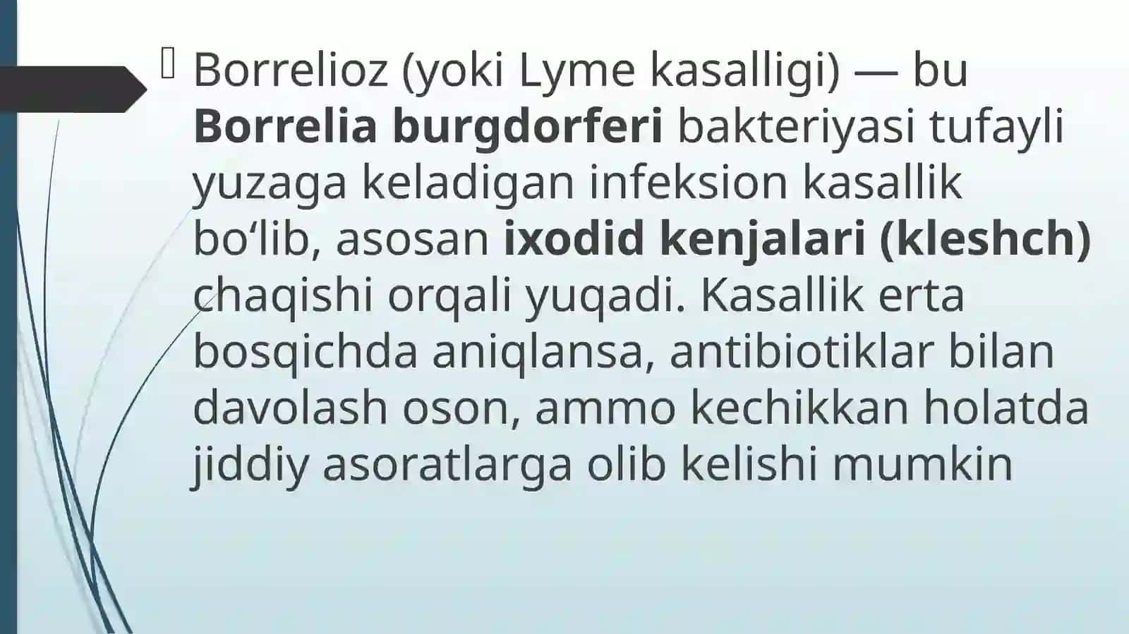 MAVZU:Borreliozlar morfoligiyasi,strukturasi,tarqanligi keltirib chiqaruvchi kasalliklari labaratoriya diagnostika haqida to'liq ma'lumot 4