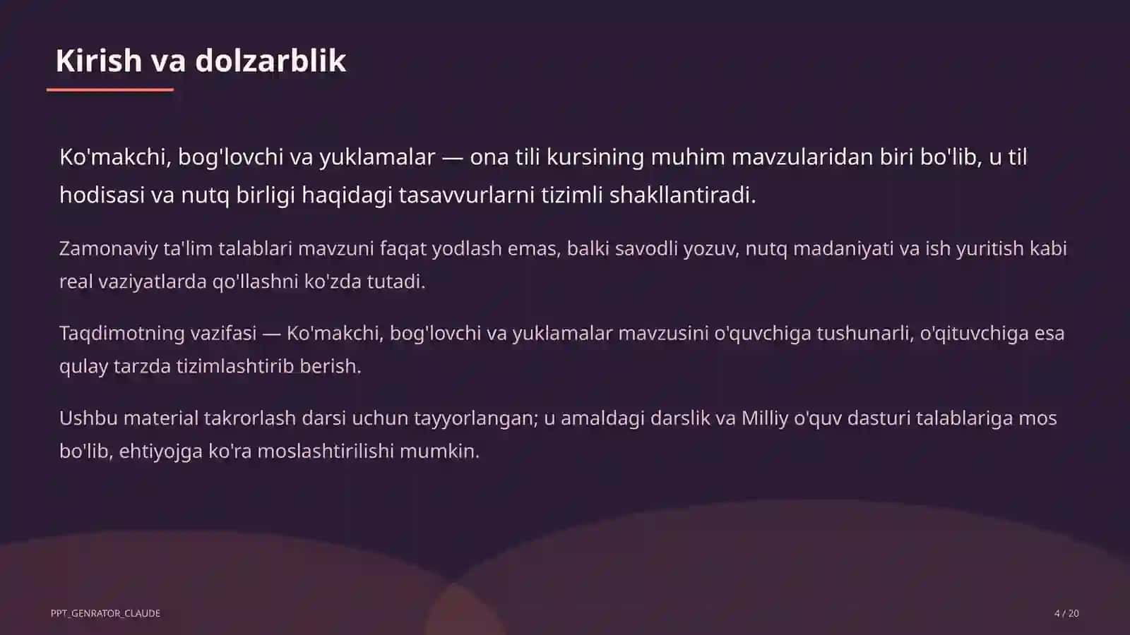 Ko'makchi, bog'lovchi va yuklamalar (7-sinf) 4