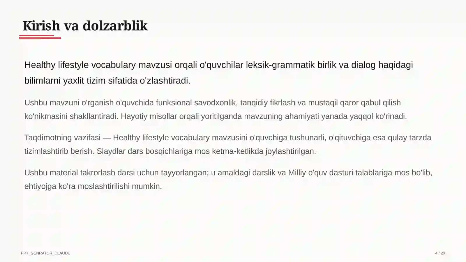 Healthy lifestyle vocabulary (7-sinf) 4