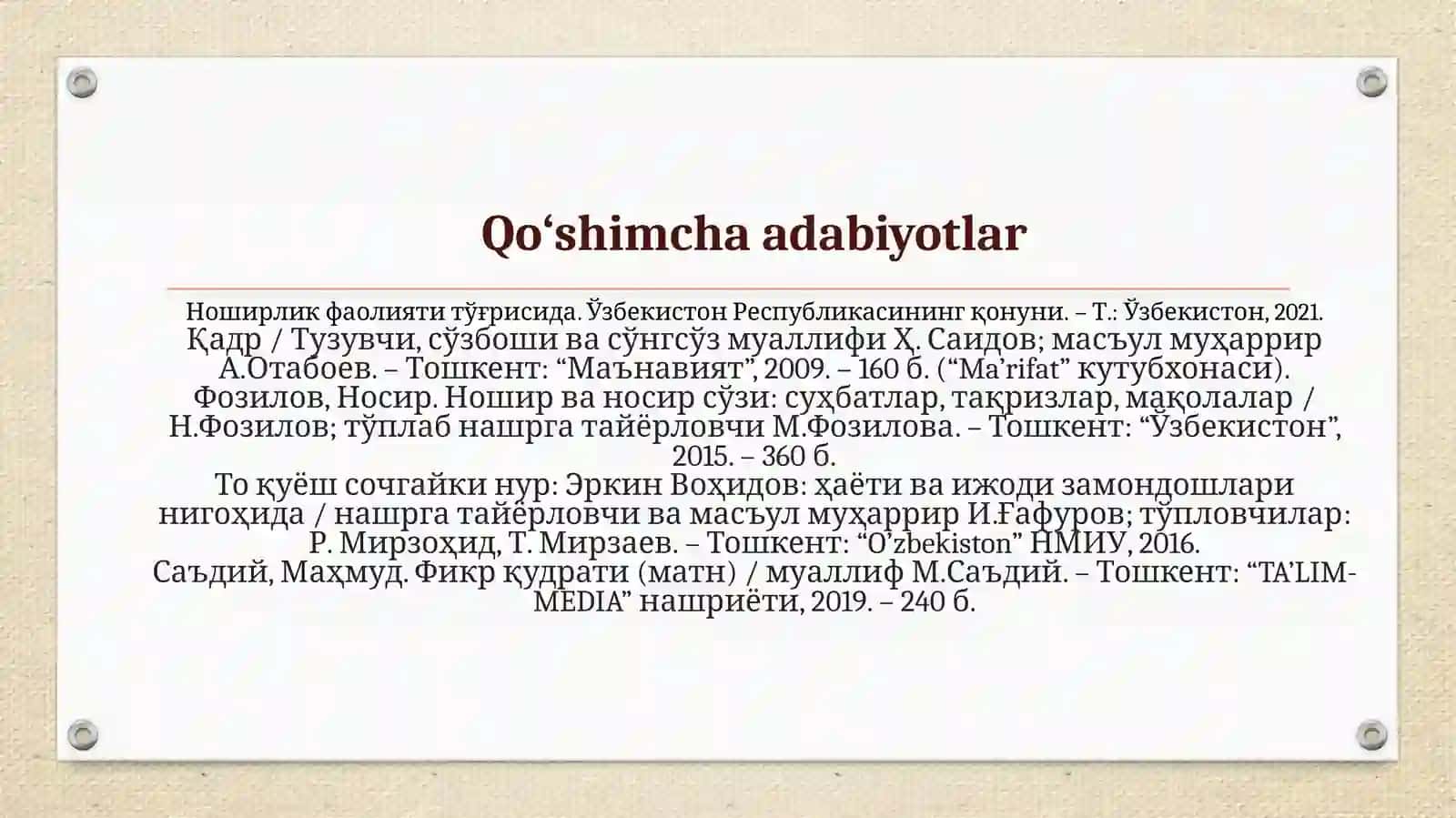 Muharrirning nashr jarayonidagi o‘rni va ahamiyati. Matn tuzatish belgilari va ularni qo‘llash 4