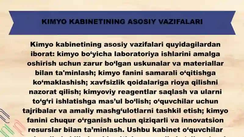Maktab kimyo kabineti va uning vazifalari. Kimyo kabinetidagi xavfsizlik texnikasi va mehnatni ximoya qilish masalalari 4