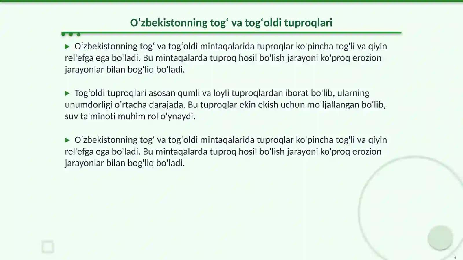 Oʻzbekistonning togʻ va togʻoldi mintaqasi tuproqlari geografiyasi va uni muhofaza qilish 4