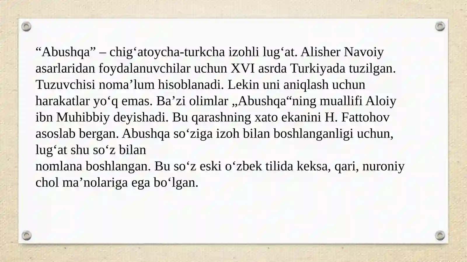 Lugʻatchilik. Abushqa lugʻati 4
