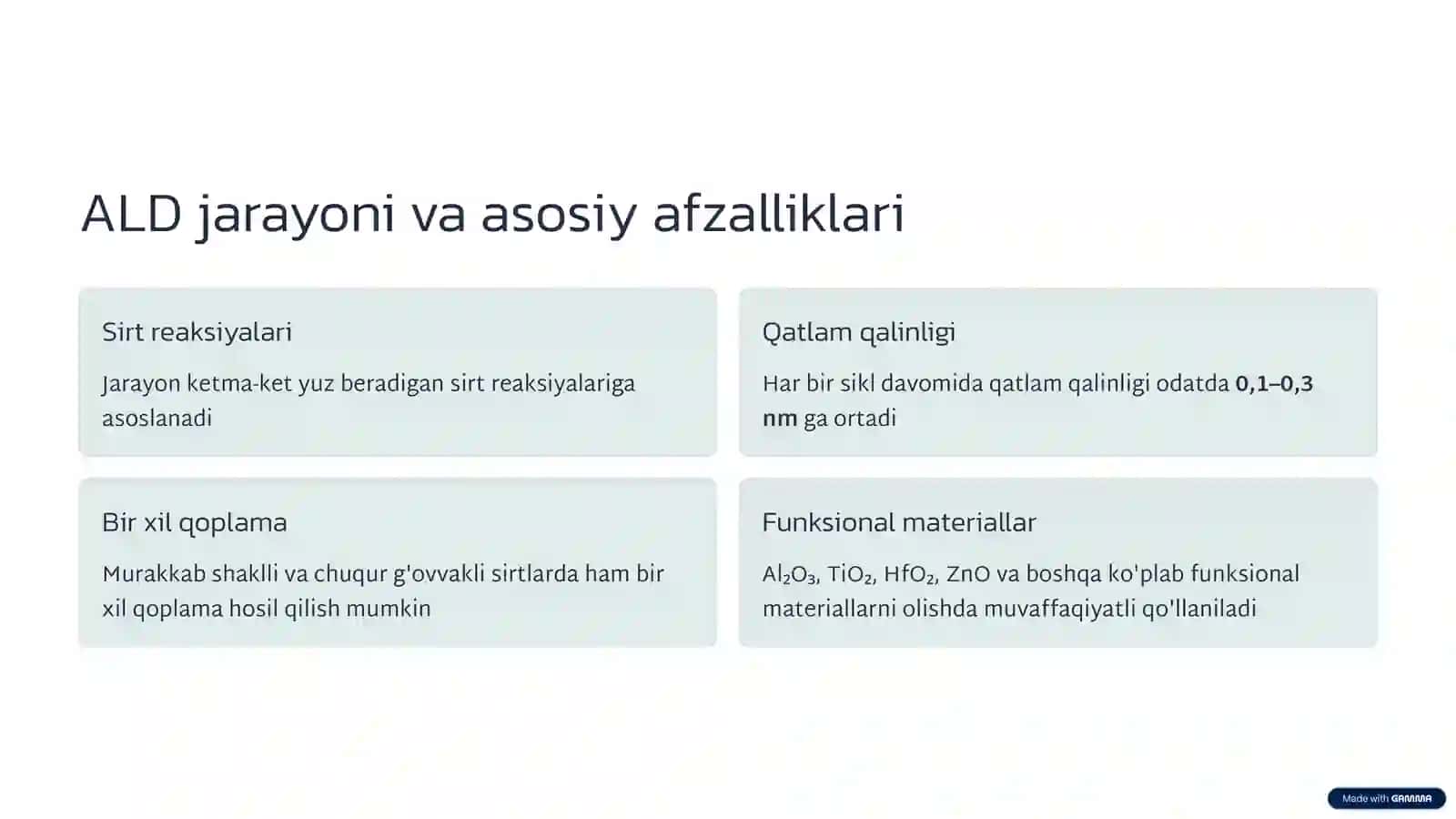 Atom qatlamlab o'stirish (ALD) texnologiyasi, nanomateriallar olish usullari va titanning mikro-g'ovvakli kremniyda hosil qilinishi 4