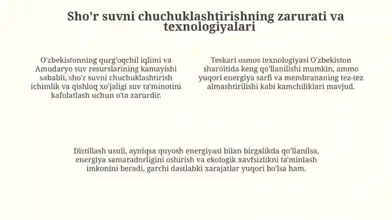 Oʻzbekiston sharoitida shoʼr suvlarnichuchuklashtirishgʻoyasi 4