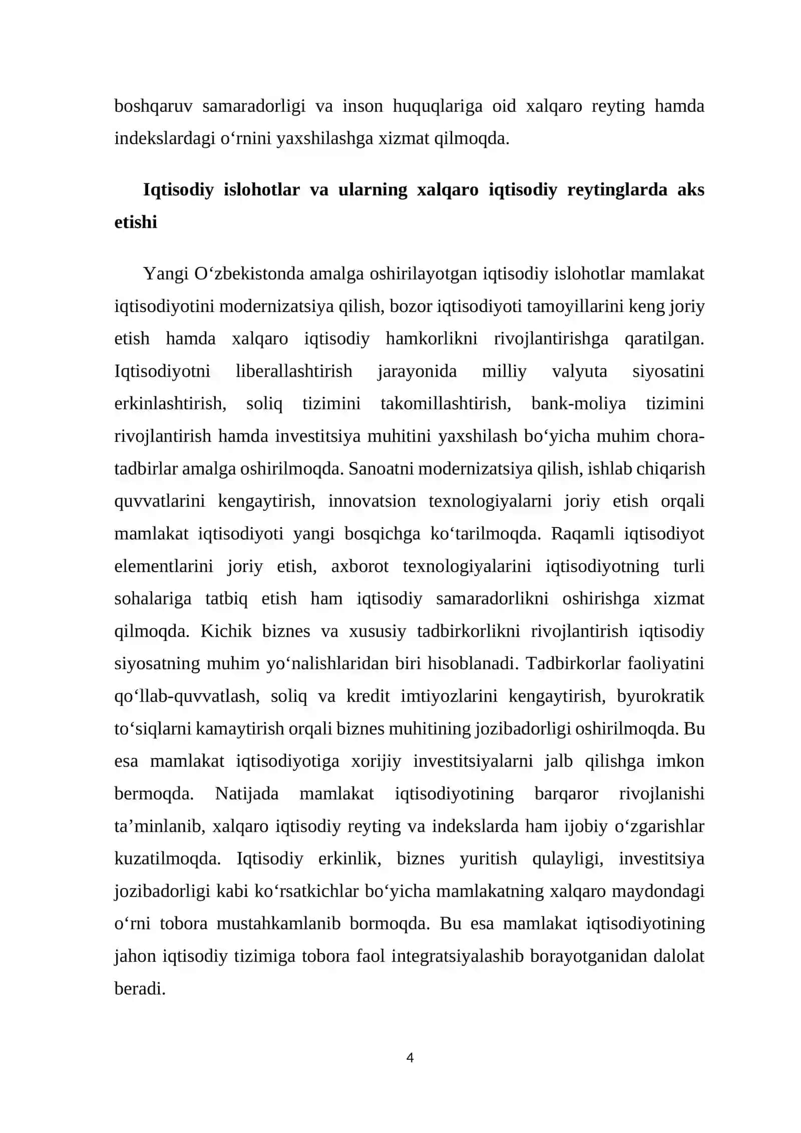 Yangi O'zbekiston ijtimoiy-siyosiy, iqtisodiy va madaniy hayotida ro'y berayotgan o'zgarishlarning xalqaro reyting va indekslarda aks etishi. 4
