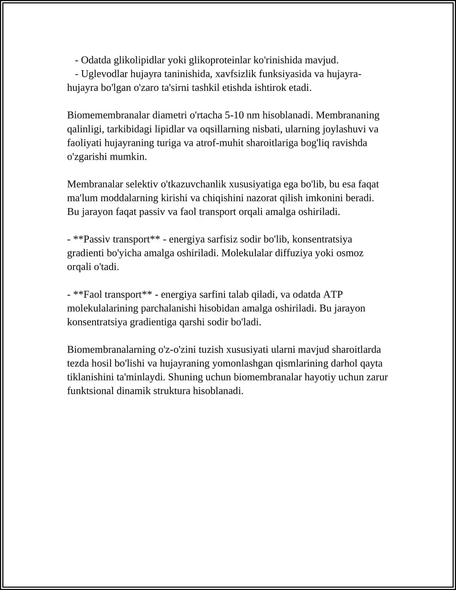 BIOLOGIK MEMBRANALAR TIRIK ORGANIZMLAR FAOLIYATINING ASOSI. BIOLOGIK MEMBRANALAR MODELLARI 4