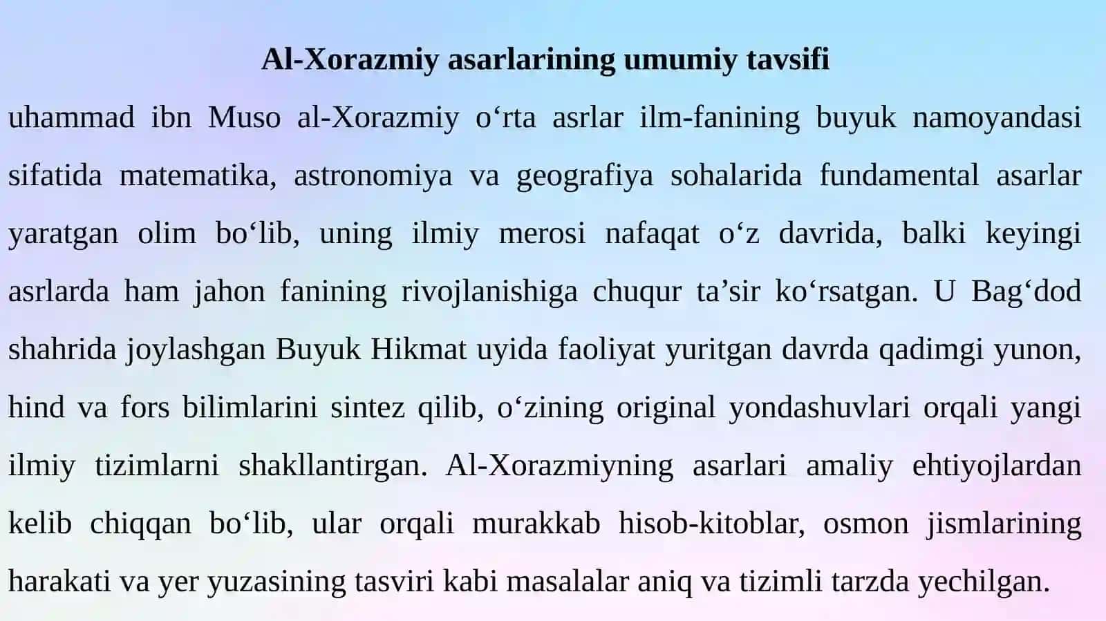 Muhammad ibn Muso al-Xorazmiy (783-850) asarlarining roʻyxatini tuzish hamda ularning bugungi kunda saqlangan makonlari 4