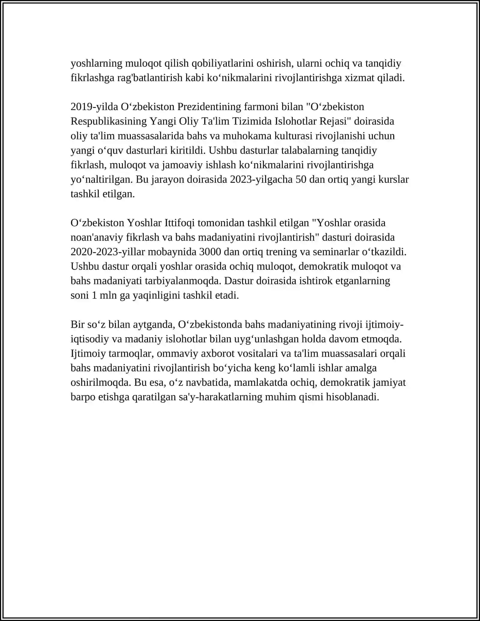 O'ZBEKISTON RESPUBLIKASIDA BAHS MARKAZINI TARG'IB QILISH MASHG'ULOTLARI 4