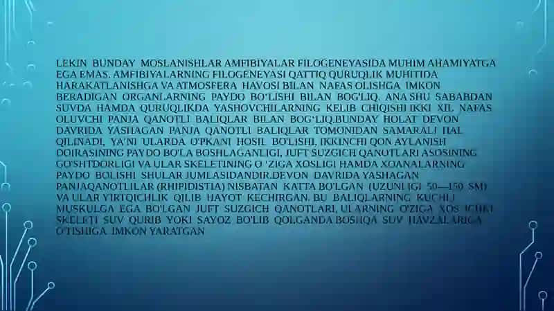 Suvda ham quruqlikda yashovchilar quruqlikka chiqish sabablari va moslanish xususiyatlari 4