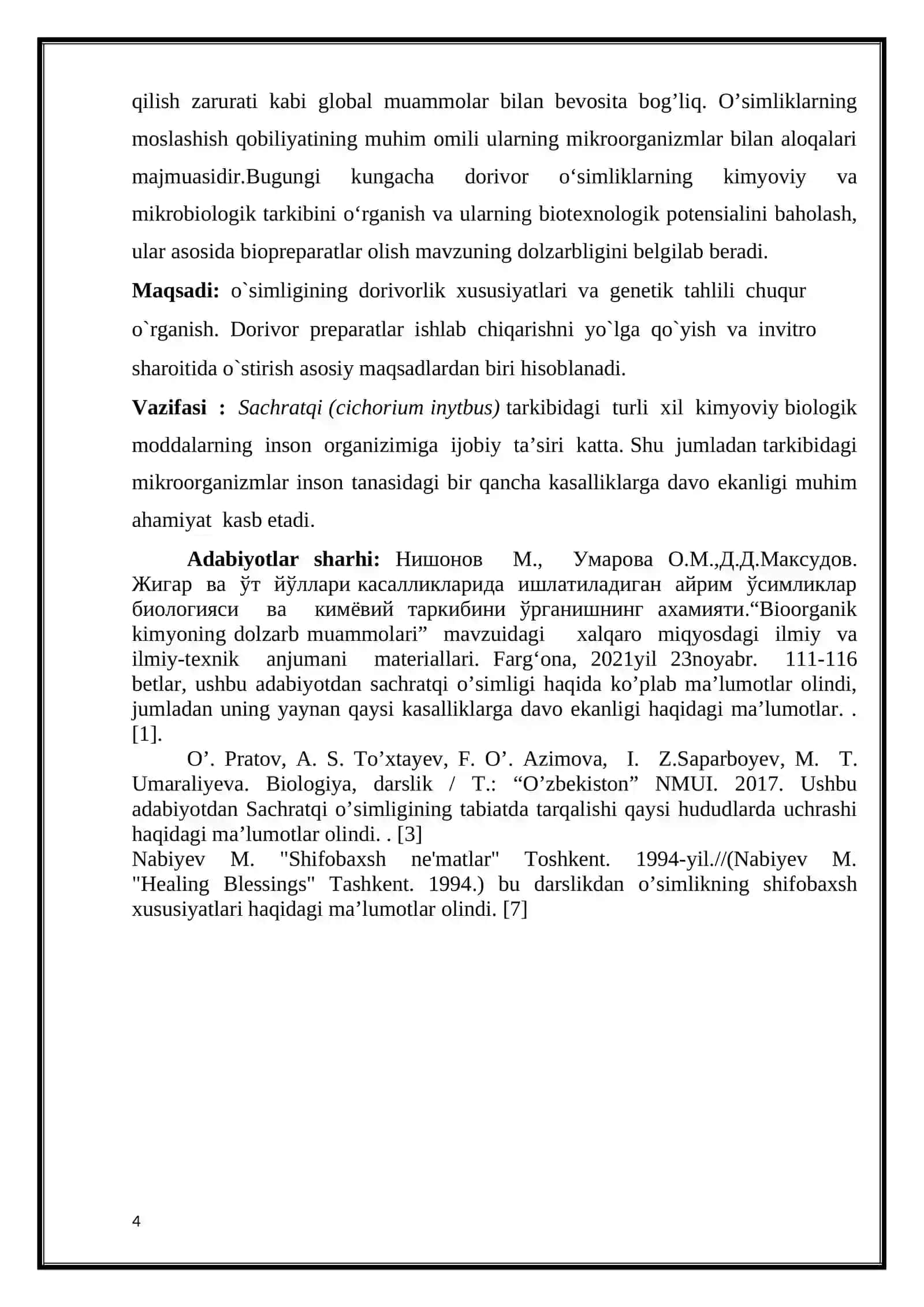 SACHRATQI (CICHORIUM INYTBUS) O’SIMLIGINING GENETIK TAHLILI 4