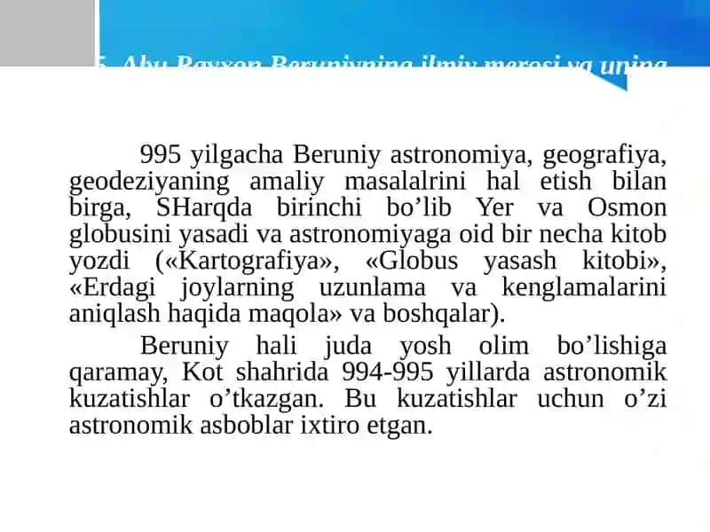 Abu Rayxon Beruniyning ilmiy merosi va uning pedagogika fan taraqqiyotidagi o’rni 4