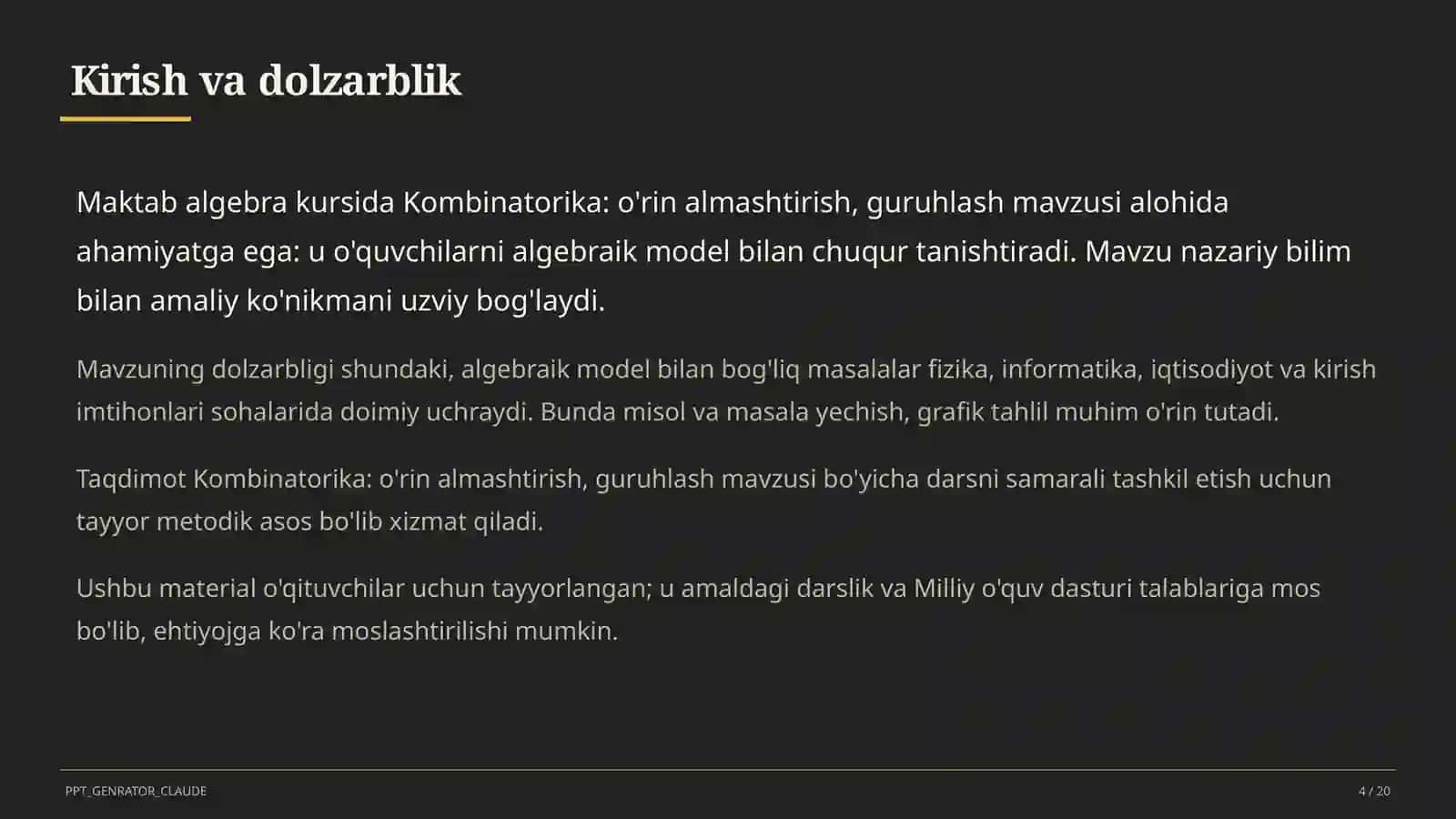 Kombinatorika: o'rin almashtirish, guruhlash (9-sinf) 4