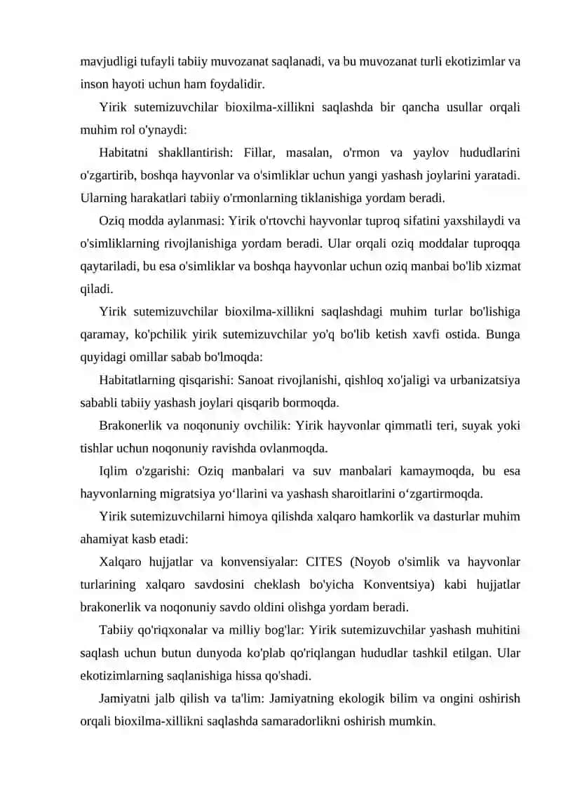 Yirik sutemizuvchilarni bioxilma xilligini saqlashdagi muammolar 4