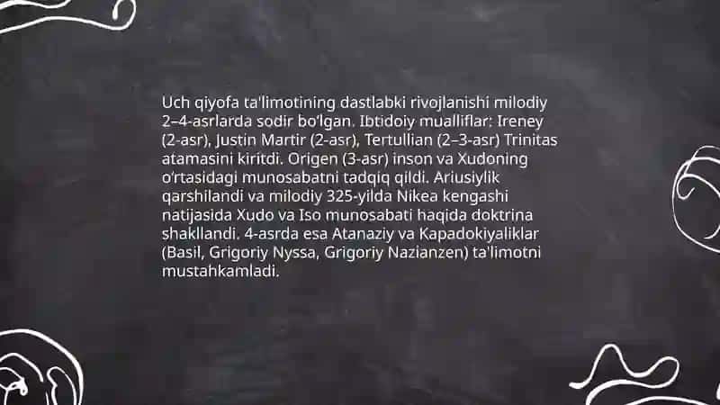 Xristianlik ta'limotida yakka xudoning uch qiyofasi haqidagi ta'limot 4