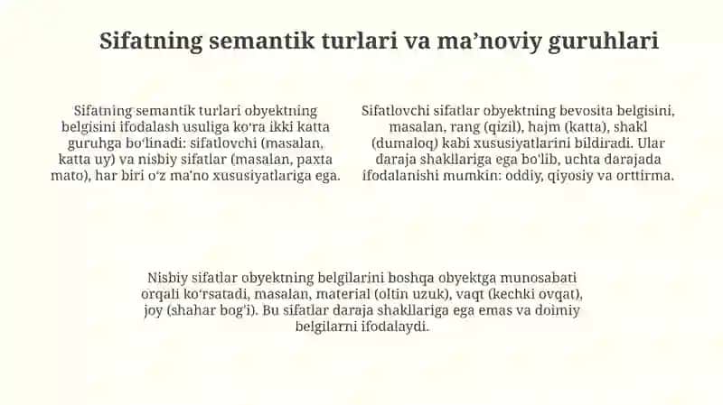 Sifat soʻz turkumi va sifatning maʼno turlari grammatik xususiyatlari 4