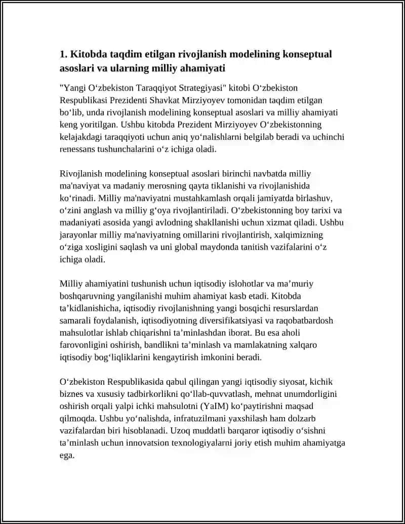O‘ZBEKISTON RESPUBLIKASI PREZIDENTI SH.M.MIRZIYOYEVNING "YANGI O‘ZBEKISTON TARAQQIYOT STRATEGIYASI" KITOBIDA RIVOJLANISH MODELI VA UCHINCHI RENESSANS TUSHUNCHALARI TALQINI AKS ETTIRILGAN ESSE YOZISH 4