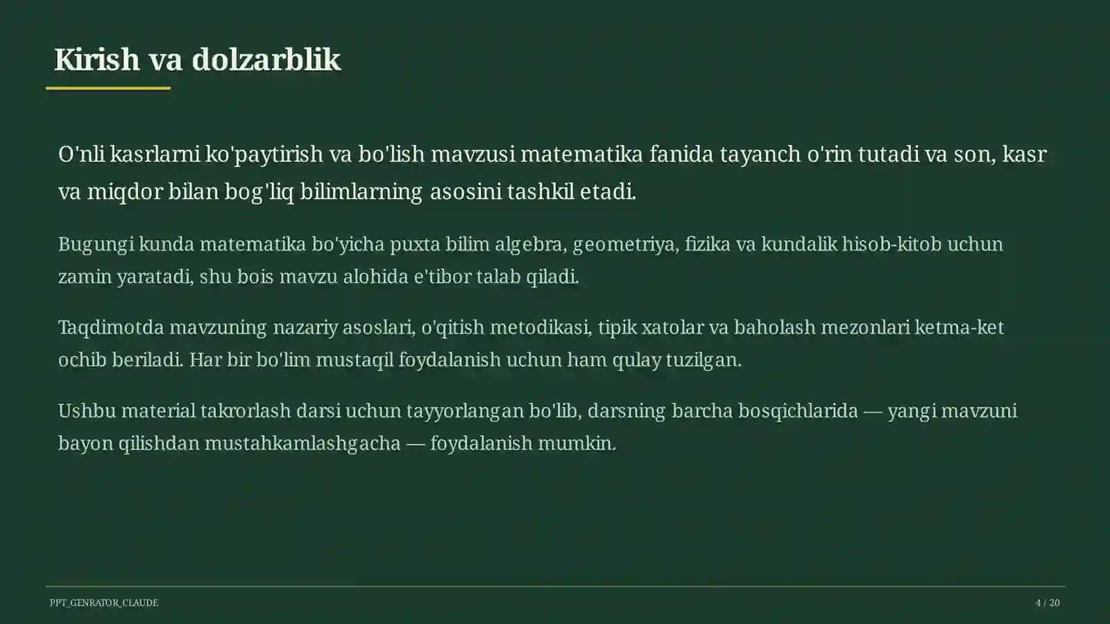 O'nli kasrlarni ko'paytirish va bo'lish (5-sinf) 4