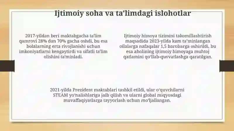 YANGI O’ZBEKISTONDA PREZIDENT SH.M.MIRZIYOYEVrahbarligidaAMALGA OSHIRILAYOTGAN ISLOHOTLAR 4