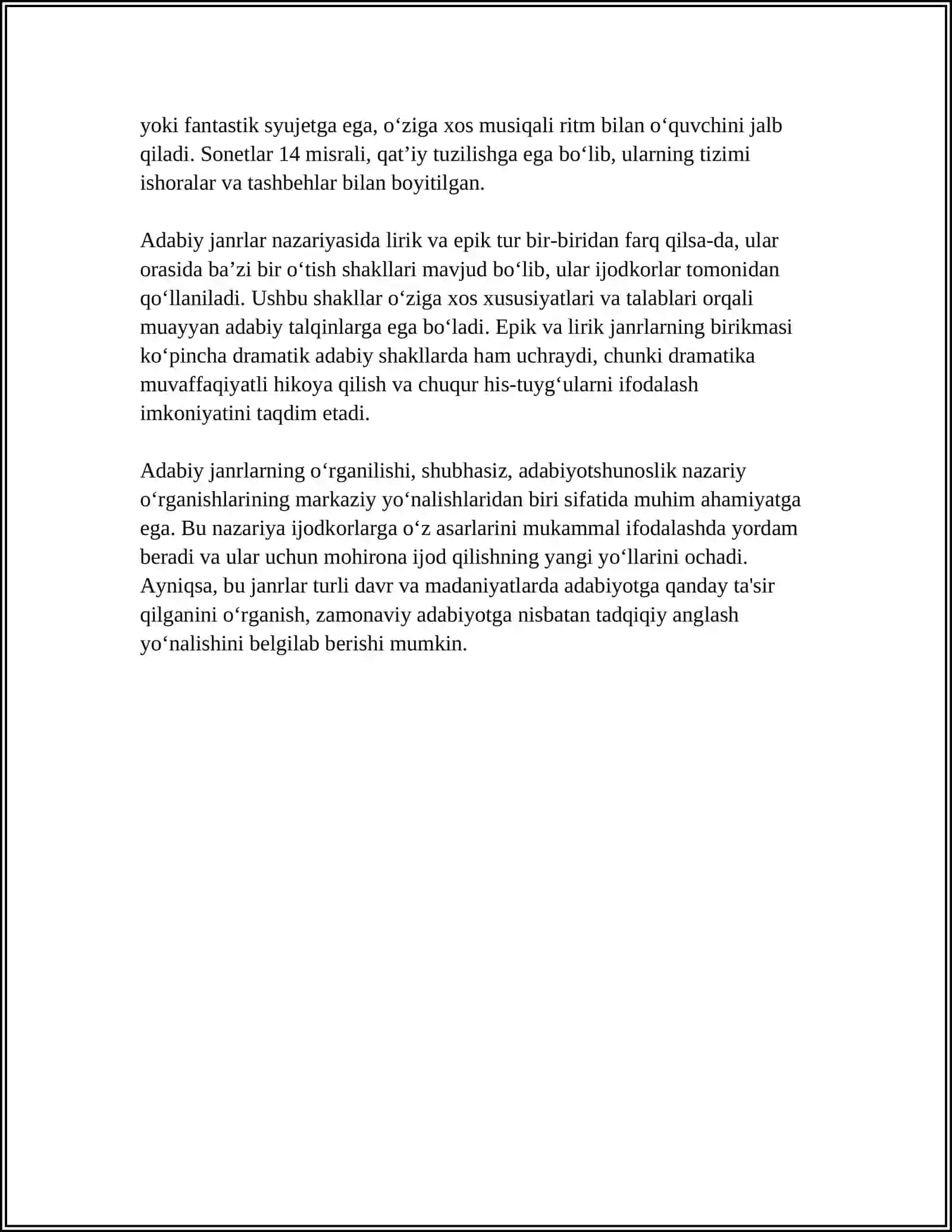 MUSTAQIL ISH - ADABIY JANRLAR NAZARIYASI. EPIK TUR. LIRIK JANRLAR NAZARIYASI 4