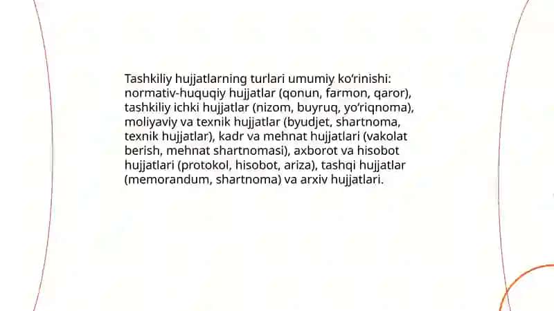 Tashkiliy hujjatlarning vazifasi. Tashkiliy hujjatlarning turlari 4