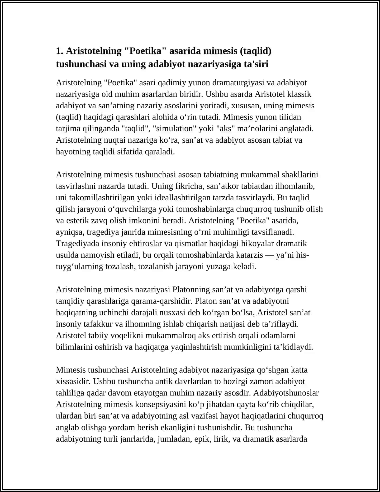 ARISTOTELNING “POETIKA” ASARINI O‘RGANISH, SHARHINI YOZISH 4