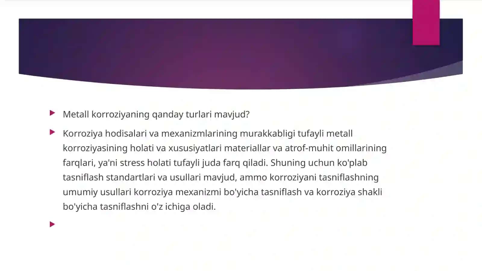 KORROZIYASI.Metallkorroziyasimuammosixalqxoʻjaliginingneft-gaz,neft-kimyo, transport,mashinasozlikvaboshqalarkabikoʻplabsohalariniqamrabolgan.Korroziyaijtimoiyishlabchiqarishgakoʻplabyoʻqotishlarvazararlarkeltirdi 4