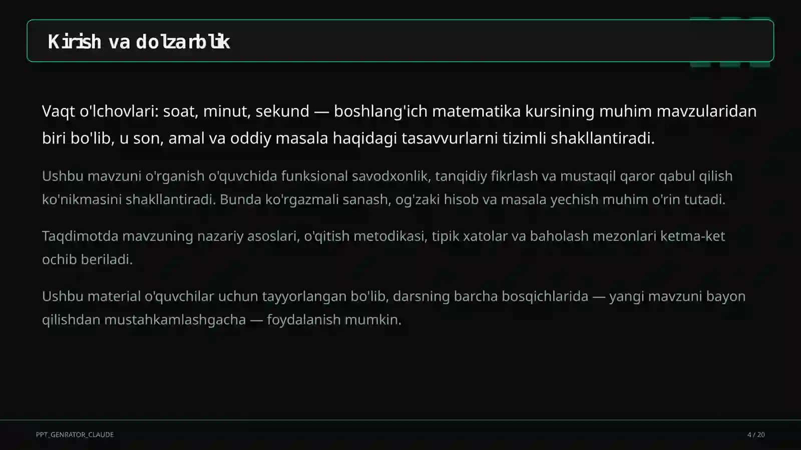 Vaqt o'lchovlari: soat, minut, sekund (3-sinf) 4