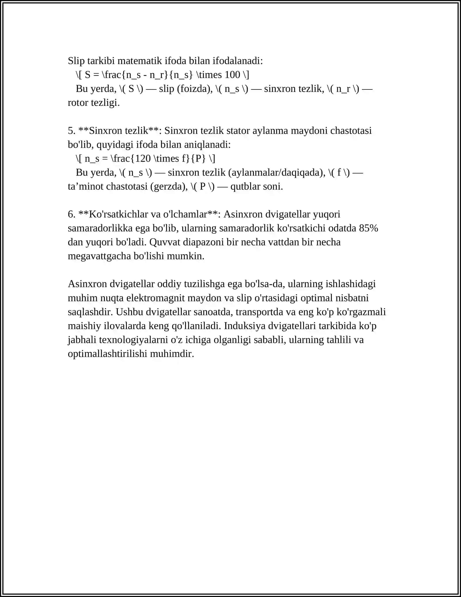 ASINXRON DVIGATEL ROTOR CHULGAMINING EYK VA CHASTOTASI 4