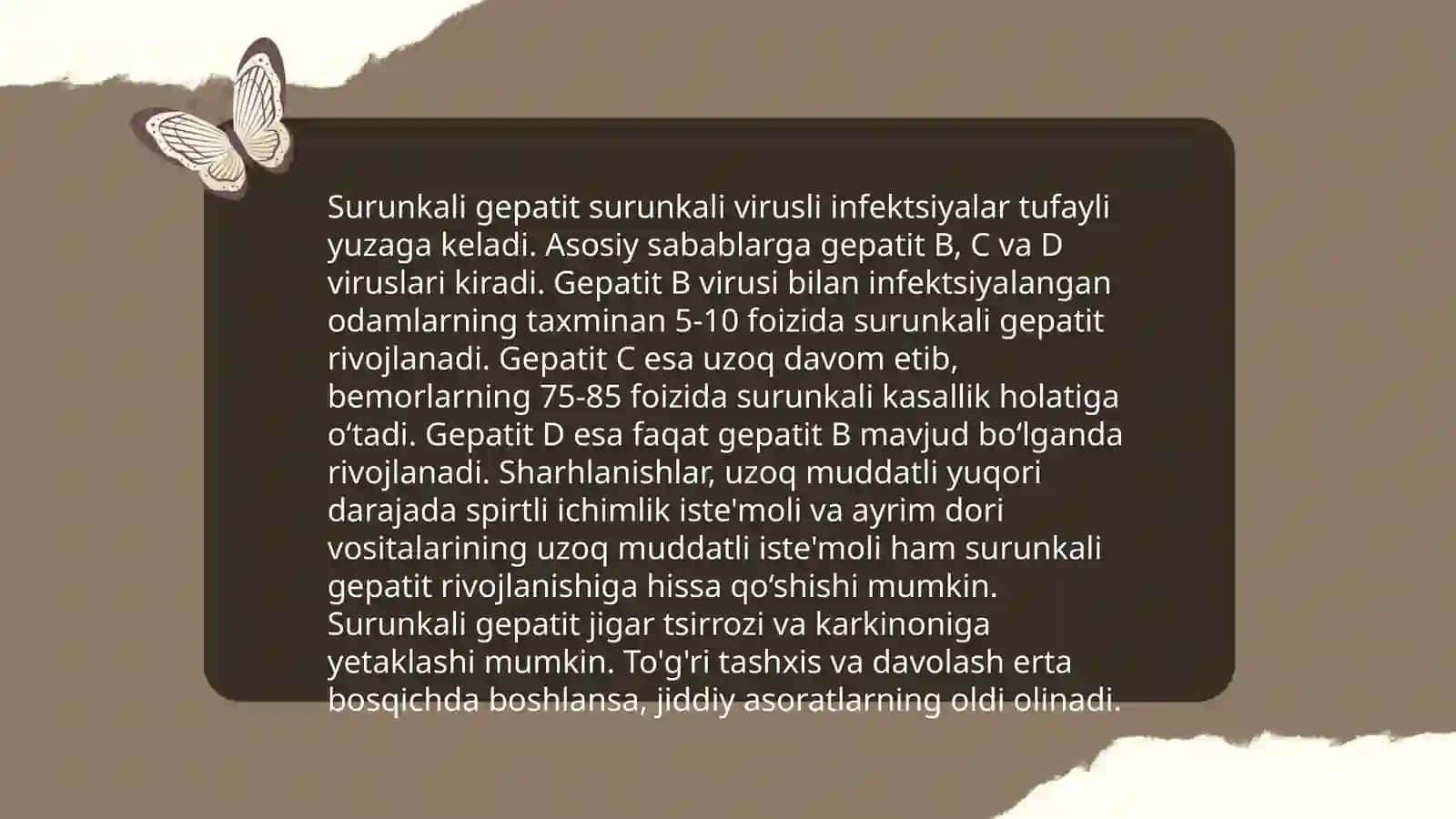 Surunkali gepatitlar. Xolesistidlarda yog'lar hazmlanishi buzilishi (steatoreya). Lipidlarning peroksidlanishi va hujayra shikastlanishi patogenezidagi ahamiyati 4