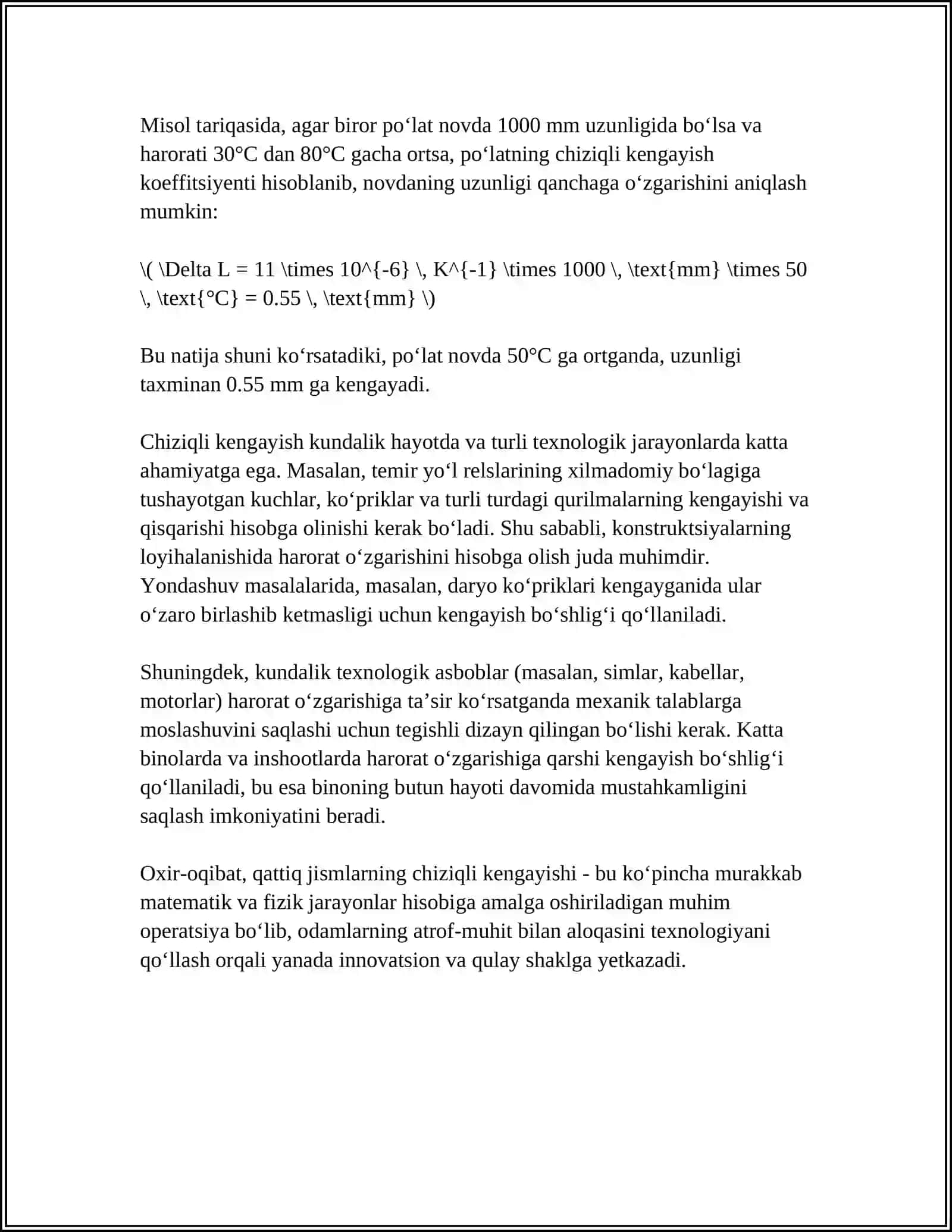 QATTIQ JISMLARNI CHIZIQLI KENGAYISHI KOEFFSIYENTINING TEMPERATURAGA BOGʻLIQLIGINI OʻLCHASH 4