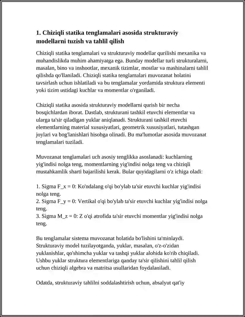 STATIKA VA DINAMIKANING CHIZIQLI TENGLAMALARI BO’YICHA MODELLARNI TUZISH 4