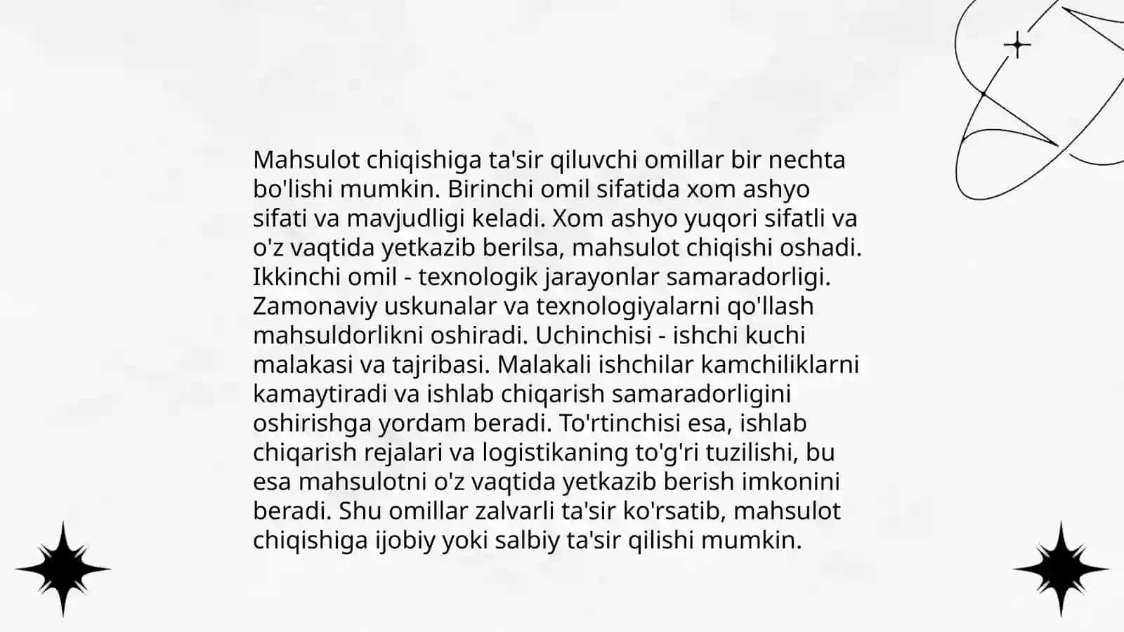 Maxsulotning chiqishi, muvozanat chiqish, faktik chiqish 4