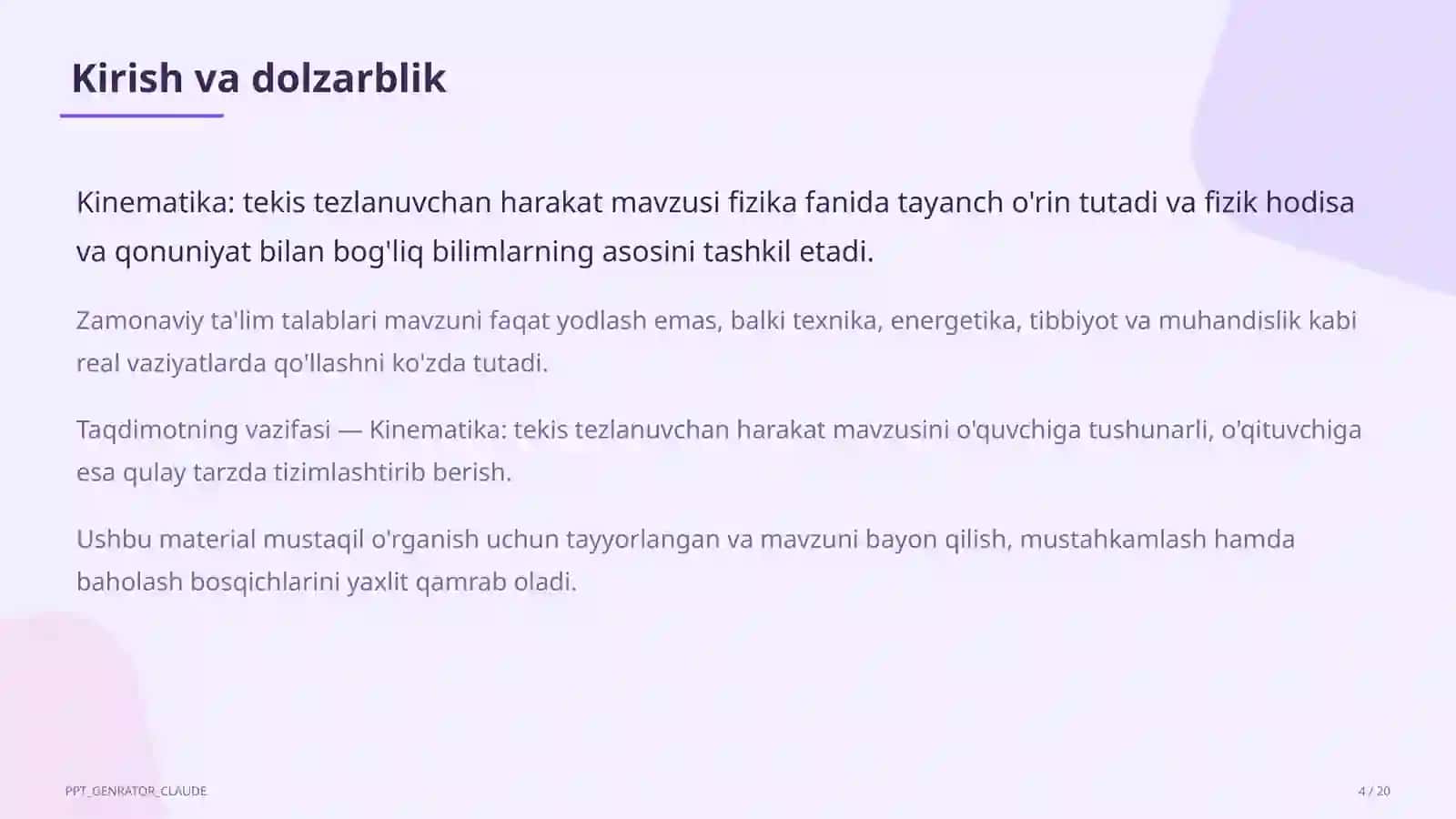 Kinematika: tekis tezlanuvchan harakat (9-sinf) 4