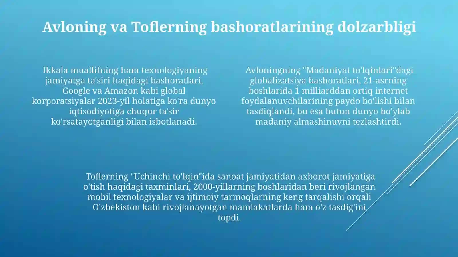Avlonining "Madaniyattoʻlqinlari"maqolasivaE.Tofflerning"Uchinchitoʻlqin"asarinitahlili 4