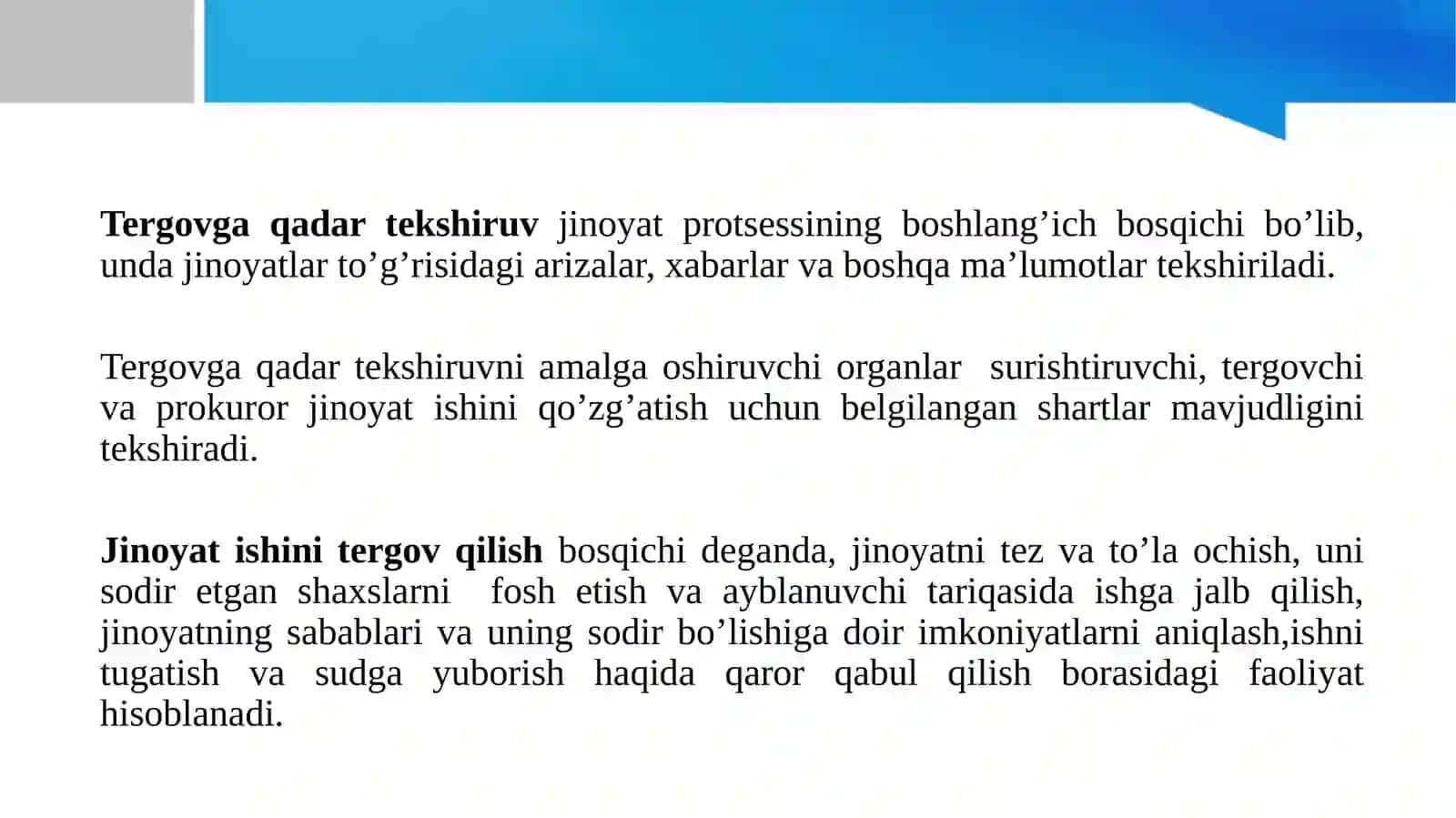 Jinoyat-protsessual  qonunchiligining vazifalari, vaqt va hudud bo’yicha amal qilishi hamda jinoyat-protsessual qonunchiligining ajnabiy fuqarolarga va fuqaroligi bo’lmagan  shaxslarga nisbatan amal qilishi masalalarini muhokama qilish. 4