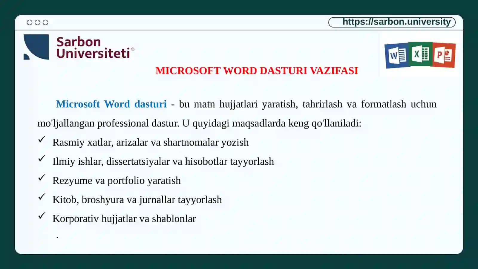 MICROSOFT OFFICE DASTURLARI TURLARI 4