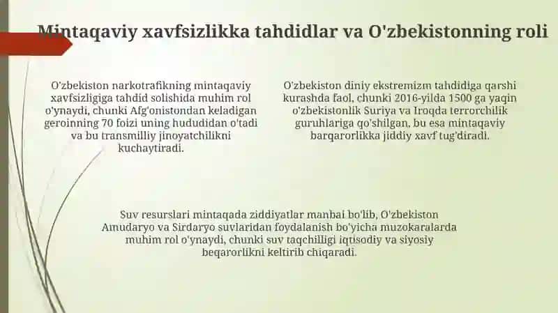 O'zbekistonning Markaziy Osiyoda tinchlik va barqarorlikni ta'minlashdagi o'rni 4