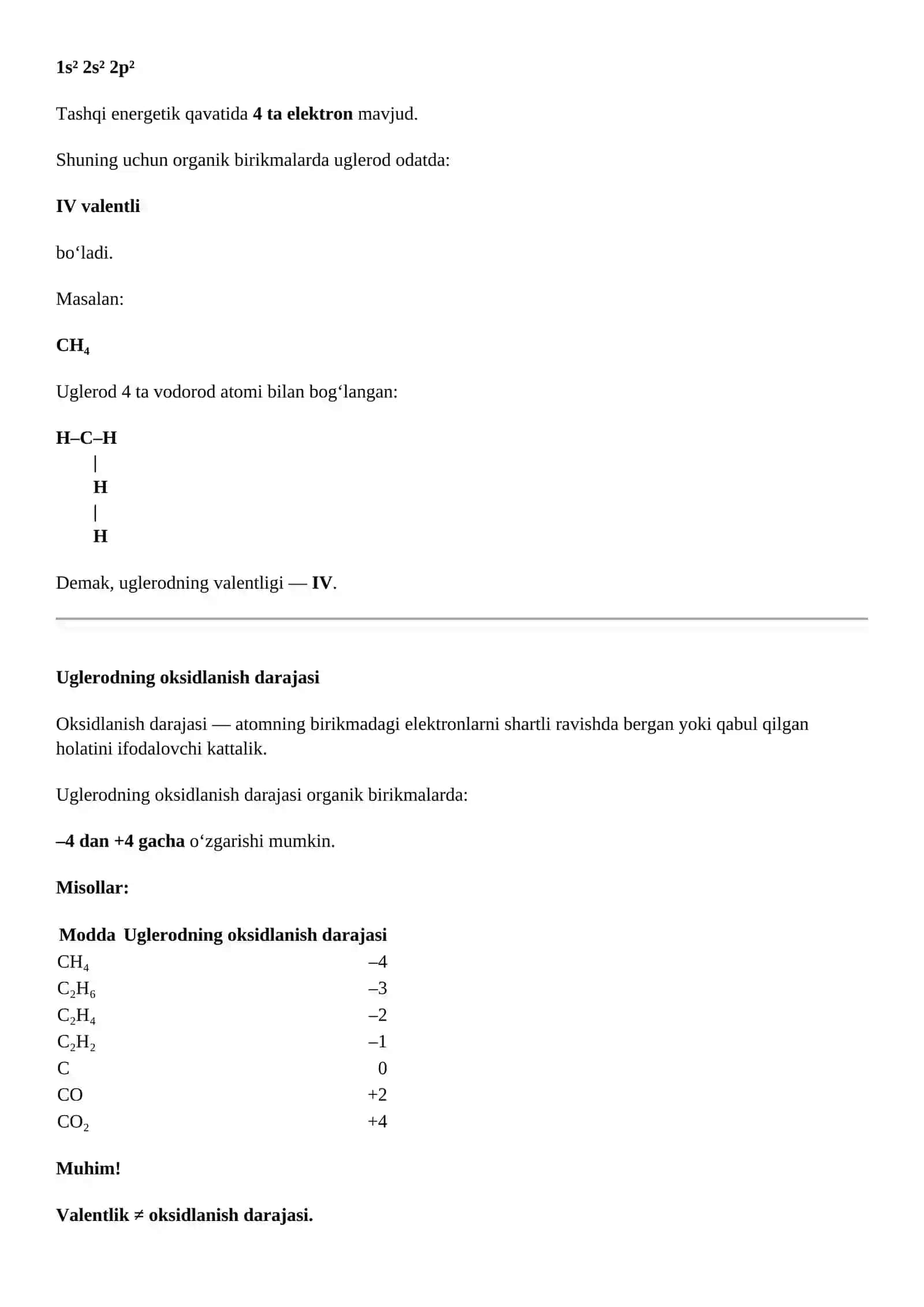 Uglerod ming valentligi va oksidlanish darajasi 4