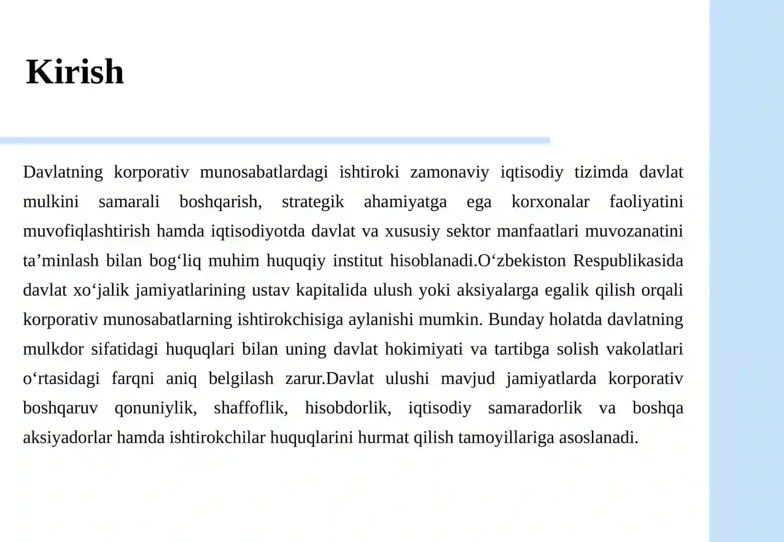 Davlatning korporativ munosabatlardagi ishtiroki davlat ulushi mavjud jamiyatlar va ommaviy-huquqiy tartibga solish chegaralari.pptx 4