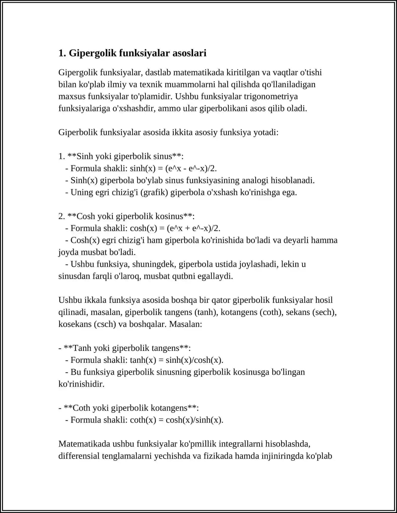 GIPERBOLIL VA TESKARI GIPERBOLIK FUNKSIYALAR.YOPIQ EGRI CHIZIQ BOʻYICHA OLINGAN INTEGRAL 4