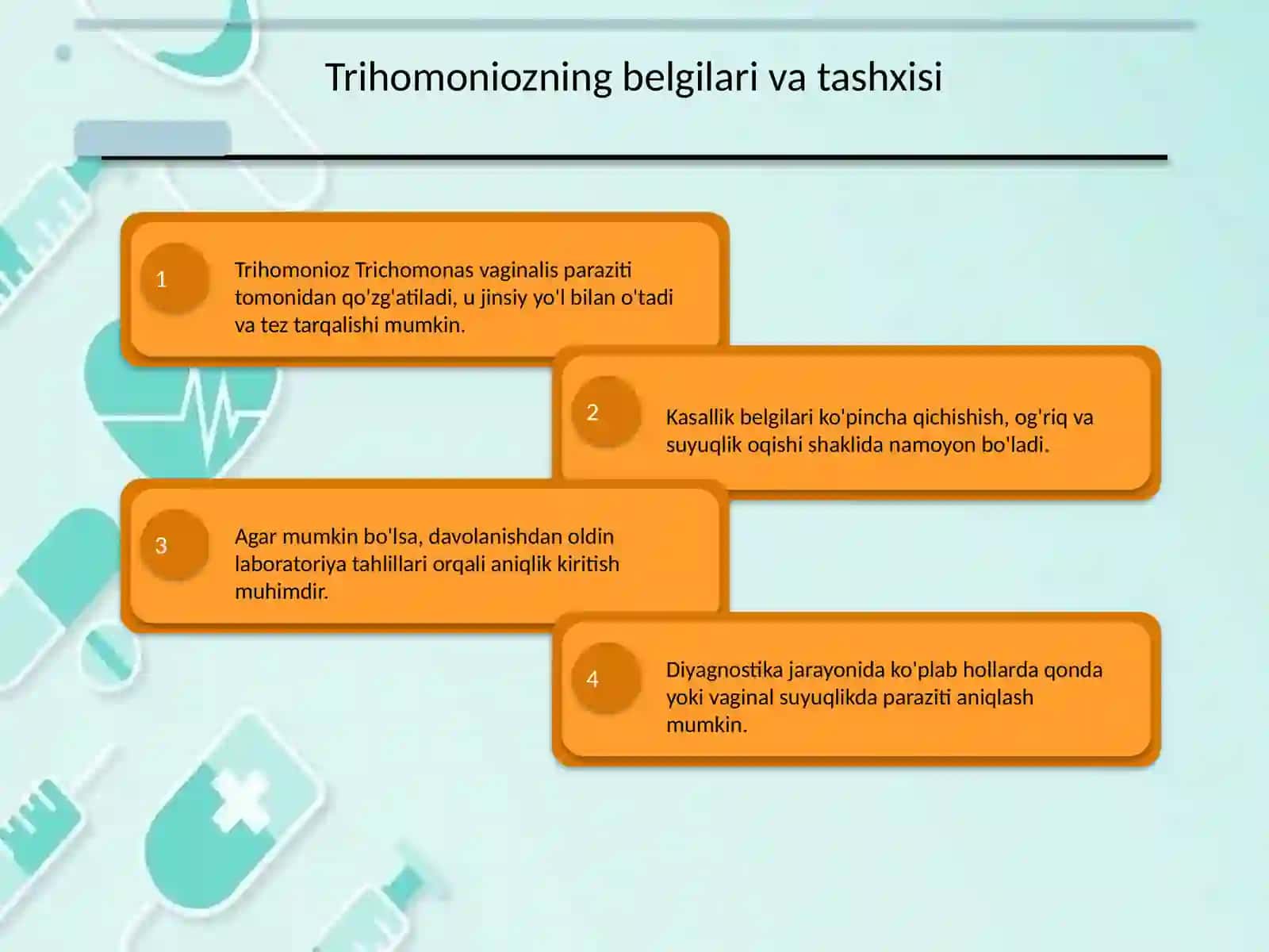 Xlamidioz, mikoplazmoz, trihomonioz, yumshoq shankr qo'zg'atuvchilarining tavsifi va tashxisi. Mikrobiologik diagnostika usullari. 4