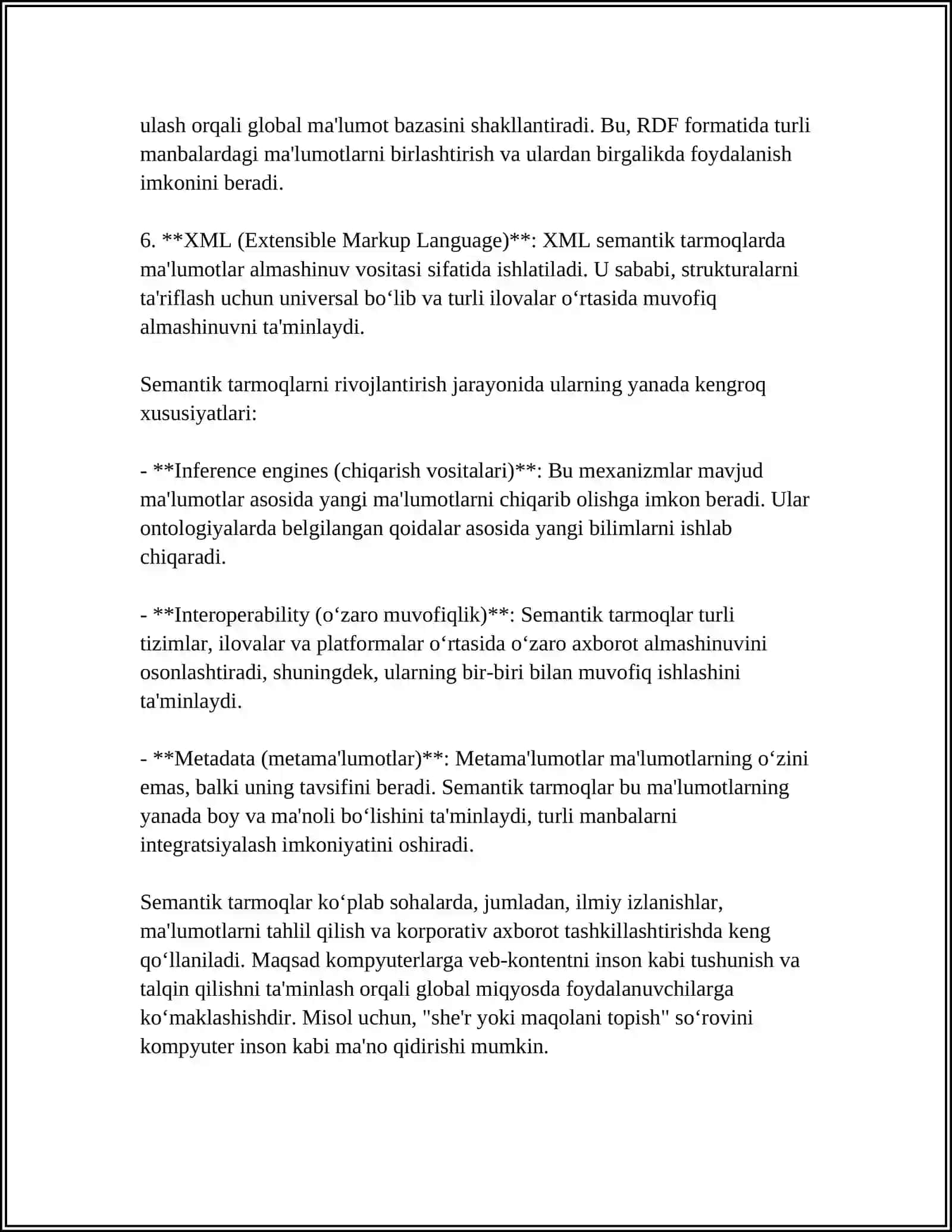 BILIMLARNI NAMOYISH QILISH MODELLARI. SEMANTIK TARMOQLARNING AFZALLIKLARI VA KAMCHILIKLARI 4
