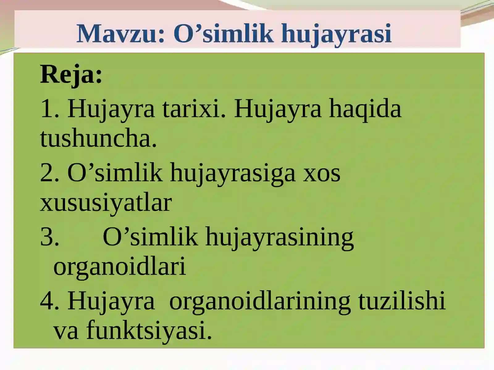 O’simlik hujayrasi chi q/x.f.n. A.A.Matkarimova 4