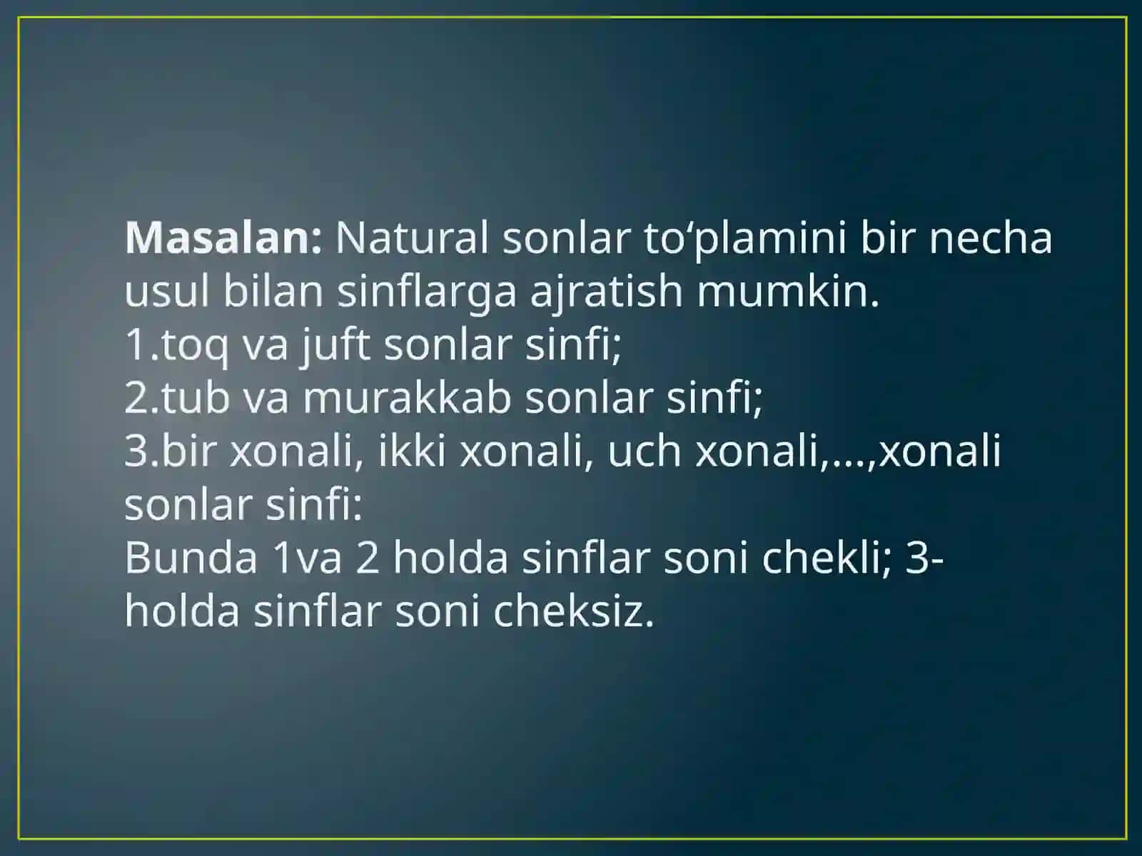 To’plamalrni sinflarga ajratishga oid misollar 4