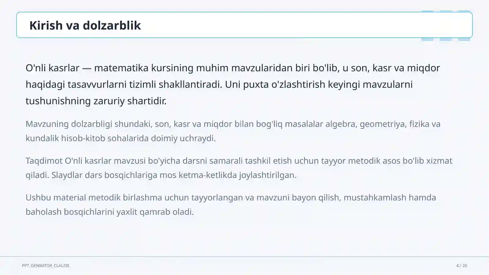 O'nli kasrlar (5-sinf) Matematika (5–6) 4