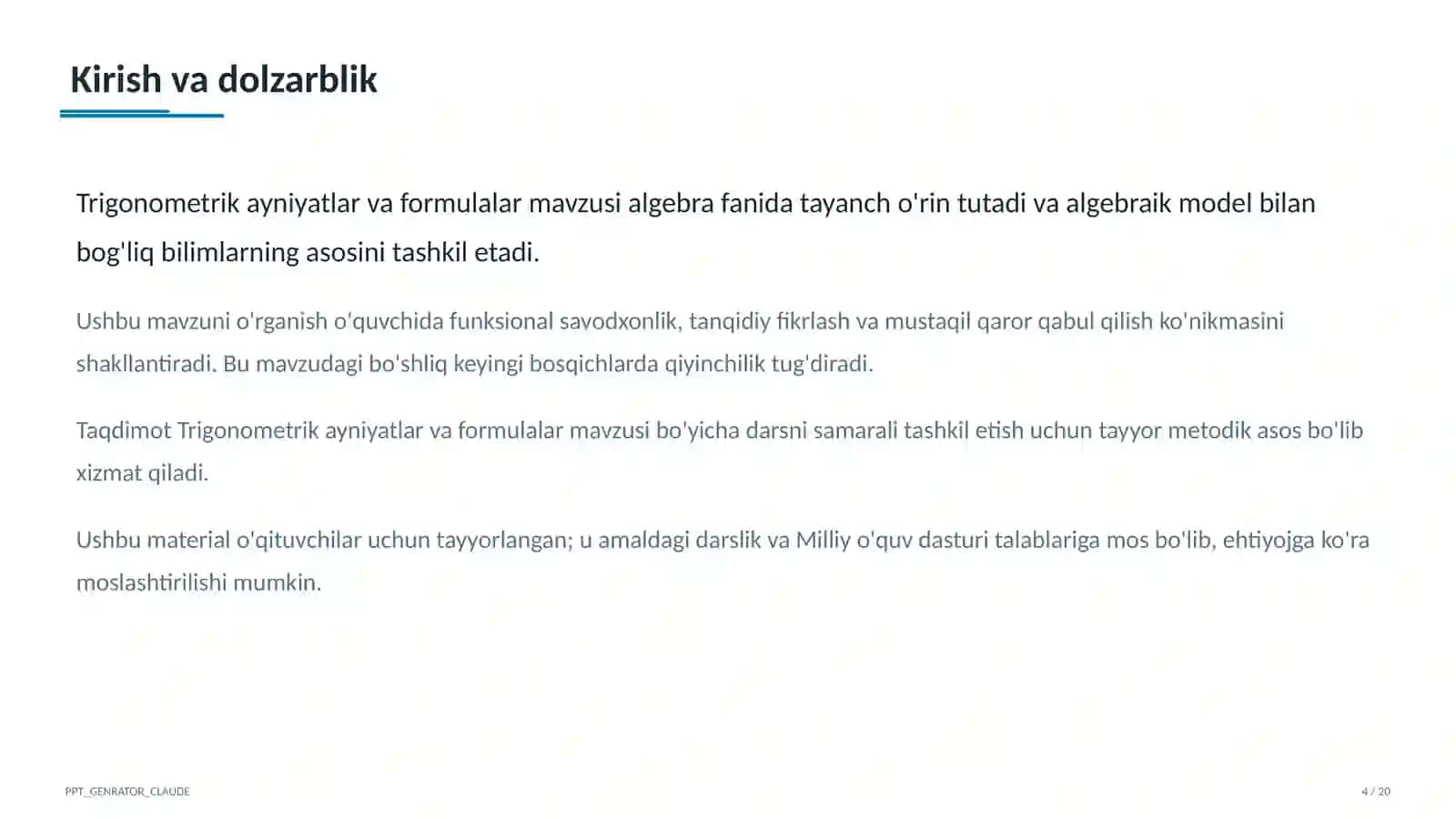 Trigonometrik ayniyatlar va formulalar (10-sinf) 4