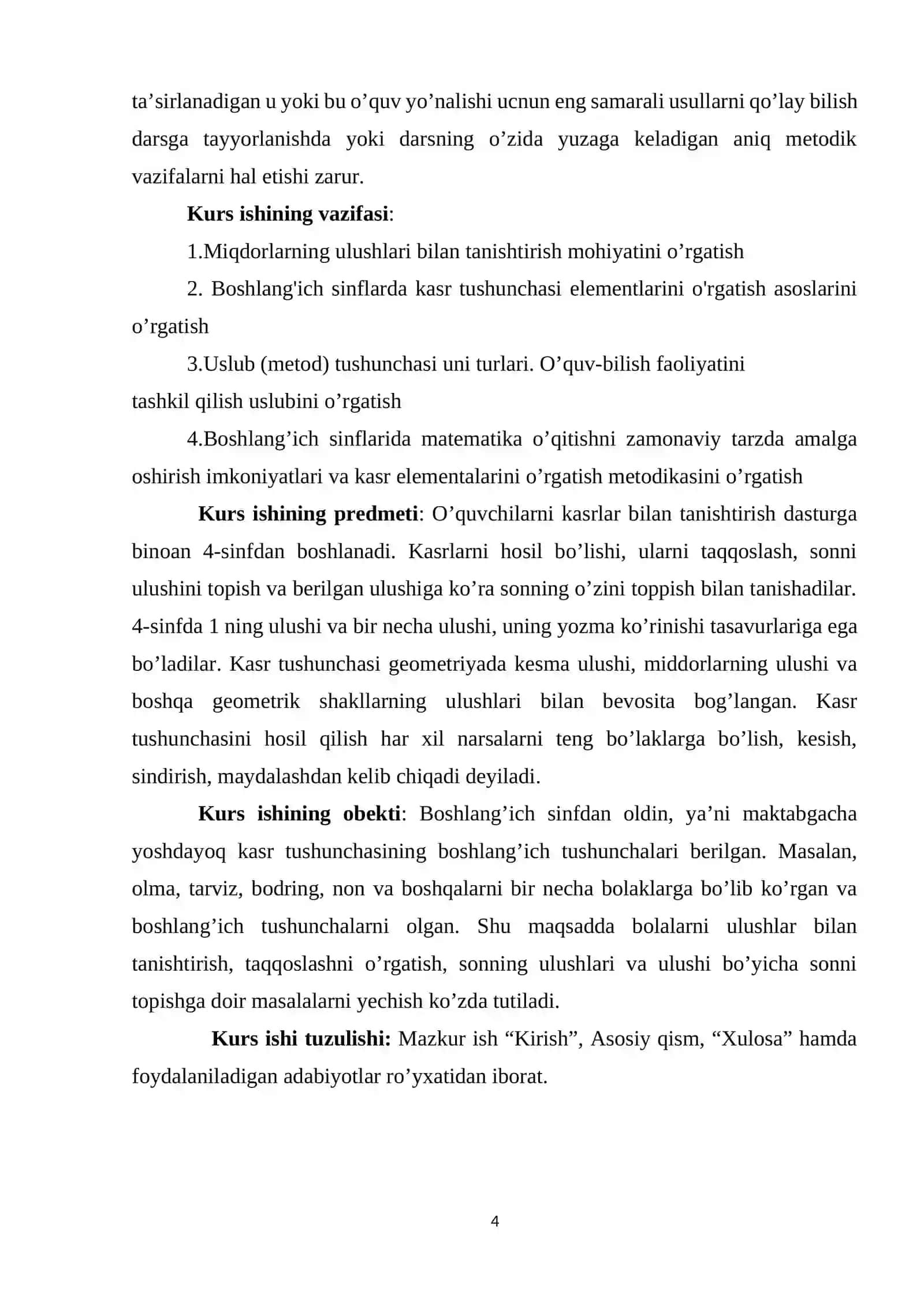 “KASR TUSHUNCHASI BILAN TANISHTIRISH METODIKASI” MAVZUSIDA TAYYORLAGAN KURS ISHI 4