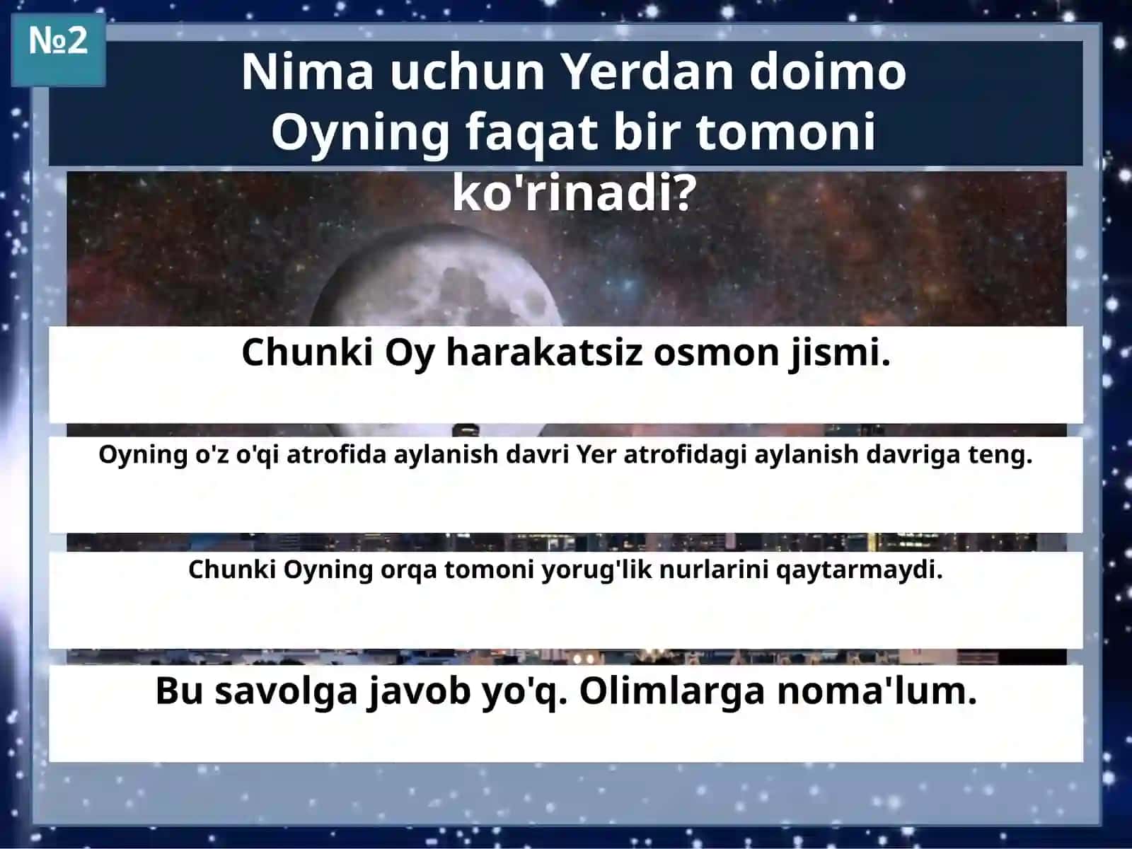 Astronomiya - Oy tabiiy yo'ldoshi bilim nazorati 4